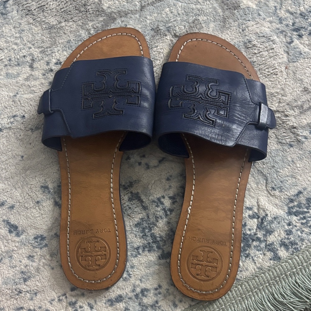 Tory Burch Dark Blue Leather Slides
